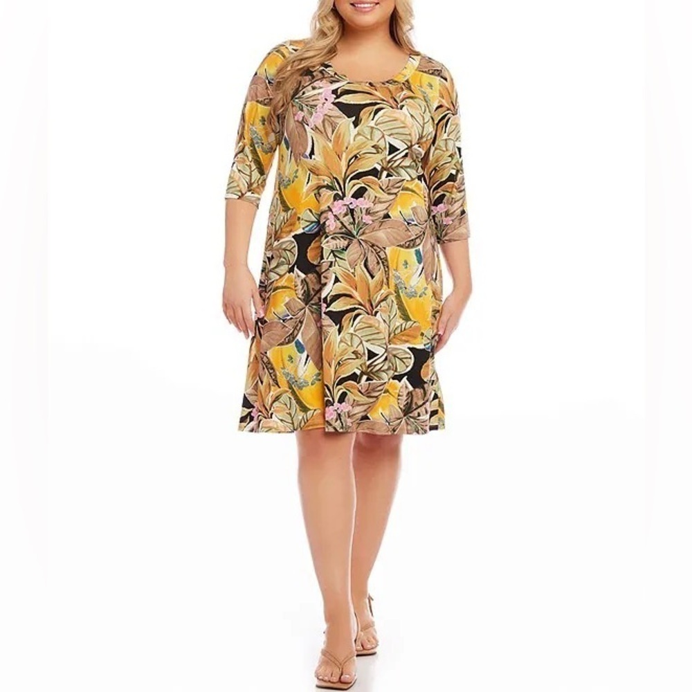 321. NWT Karen Kane Tropical Floral Print Scoop Neck 3/4 Sleeve A-Line Dress 2x